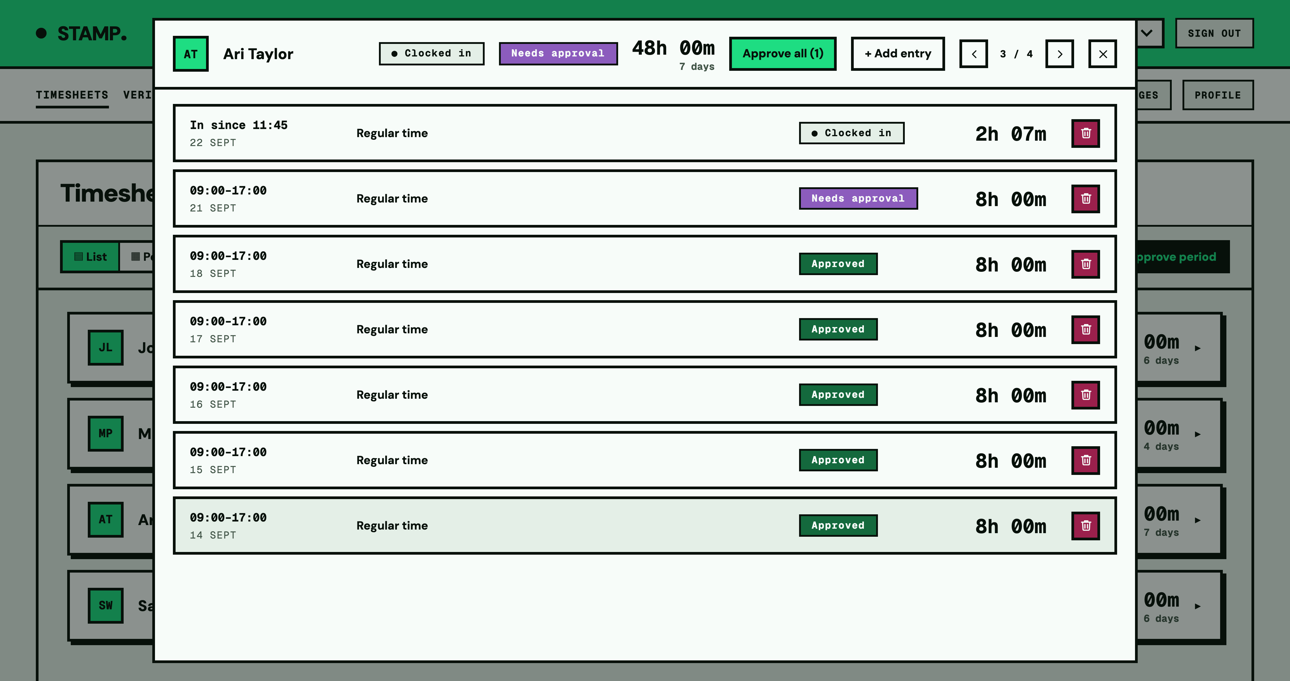 An employee's STAMP timesheet showing regular-time entries, worked hours and approval status