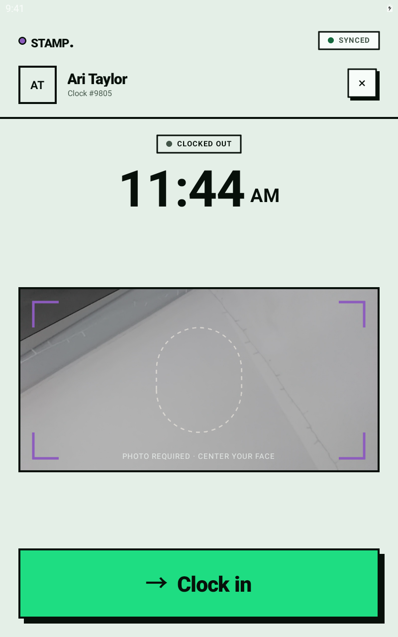 A shared STAMP kiosk showing Ari Taylor and the optional photo check after PIN entry
