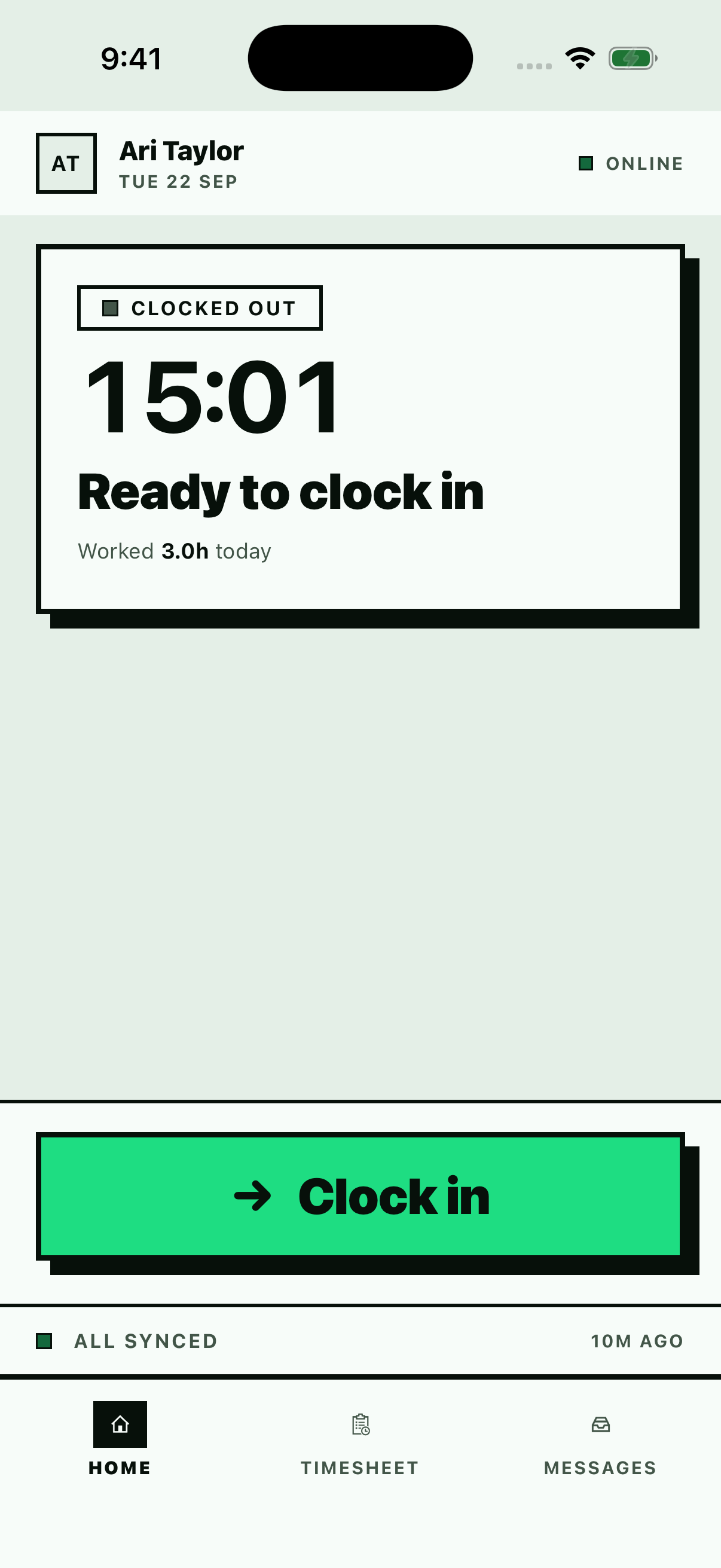 The STAMP app on an employee's phone, ready to clock in
