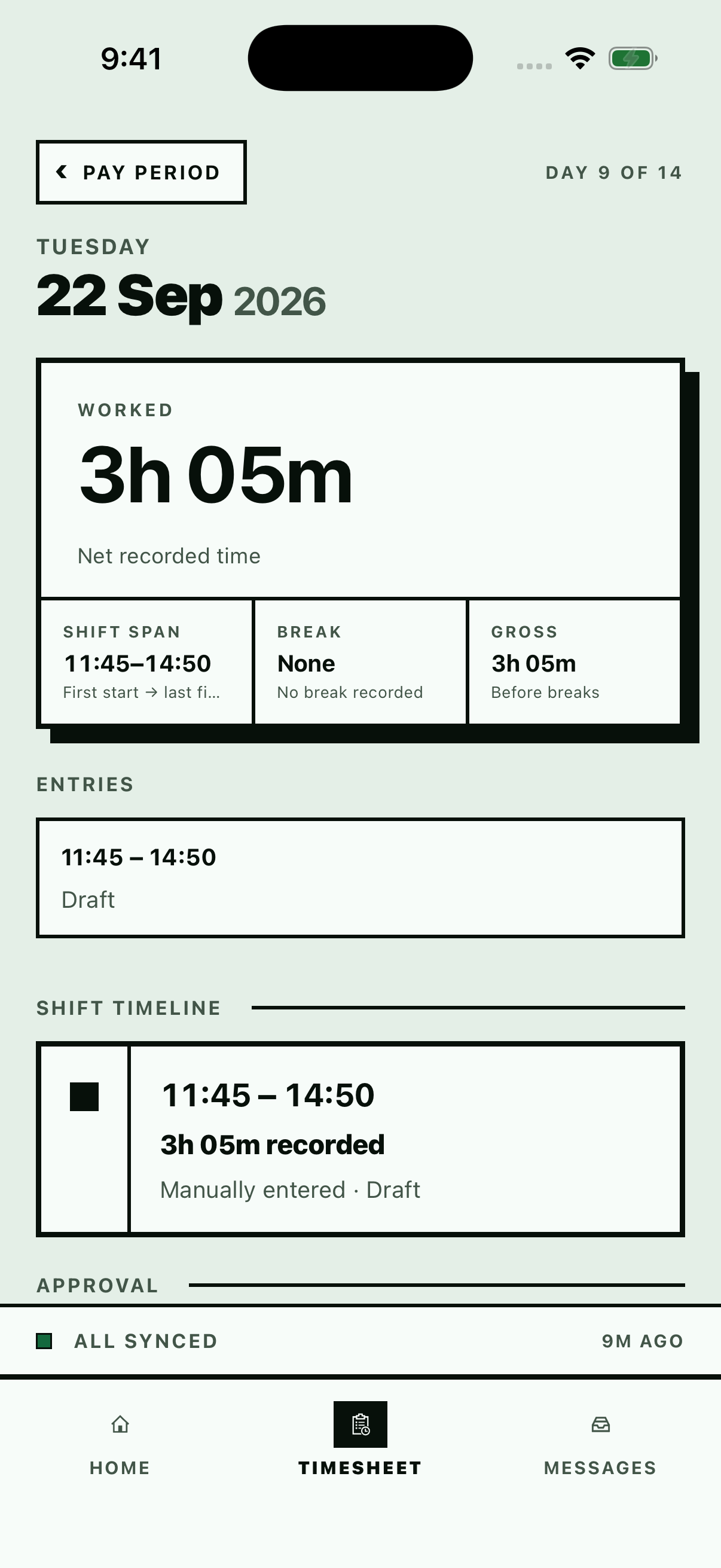 A single day in STAMP: worked total, shift span, break, and a clock-in to clock-out timeline