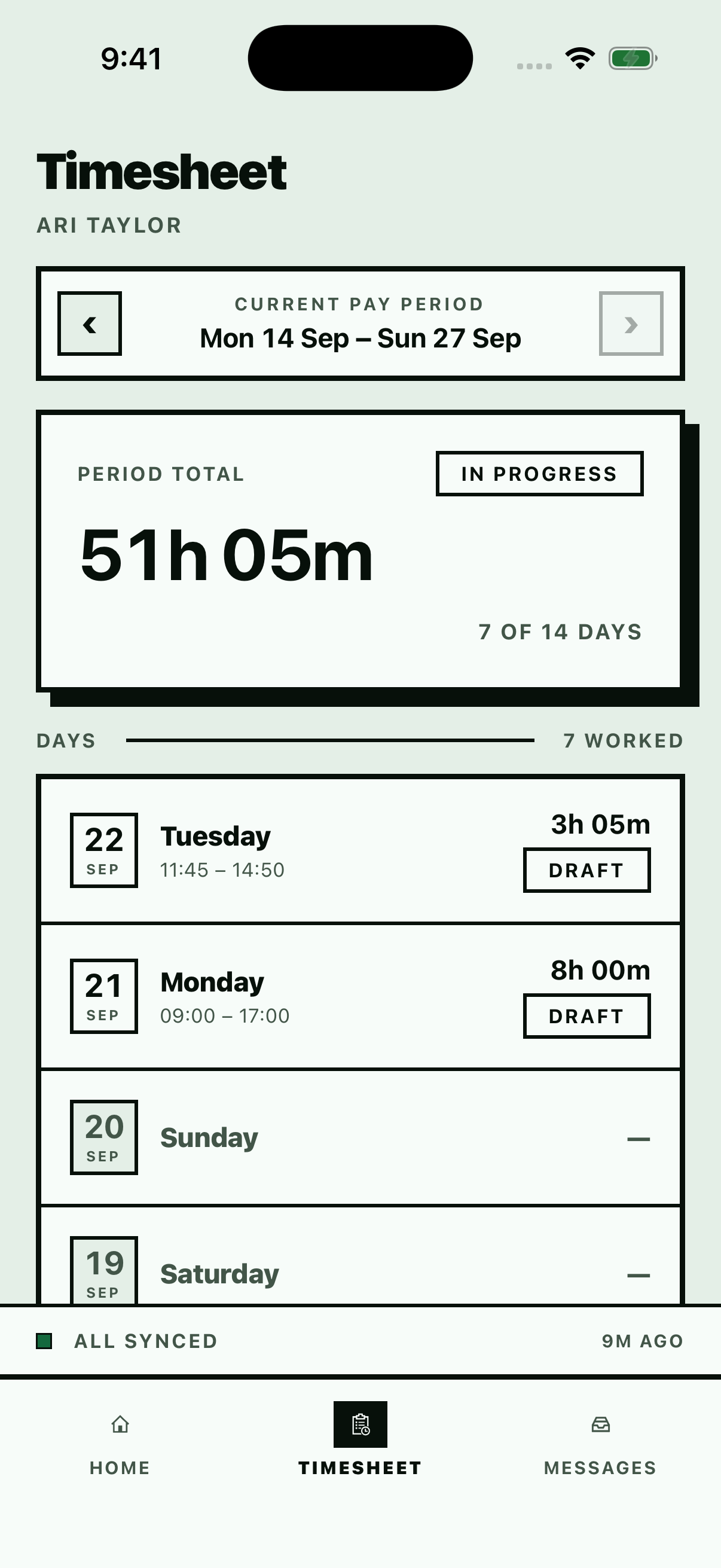 An employee's STAMP timesheet for the current pay period, day by day